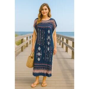 VINTAGE CATO navy multi tribal Aztec boho kaftan swim coverup size Medium/Large